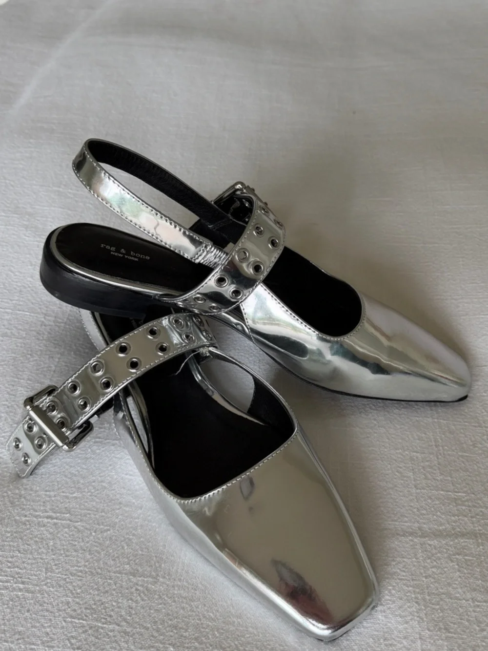 Rag & Bone Metallic Silver Square-Toe Slingback Mules with Grommet Strap